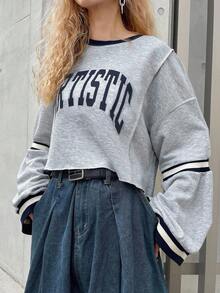 FRIFUL Women's Contrast Binding Crew Neck Letter Print Casual Long Sleeve Top,Fall Clothes Sweatshirt - Grey - View 3