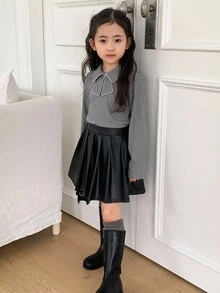Dazy Kids Young Girl Contrast Scallop Edge Tie Collar Long Sleeve Tee, Casual Daily Commute School Style, Autumn/Spring - Grey - View 2