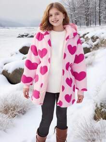 SHEIN 少女心形图案双面连帽休闲夹克，秋冬 - 玫紅色 - 查看 3
