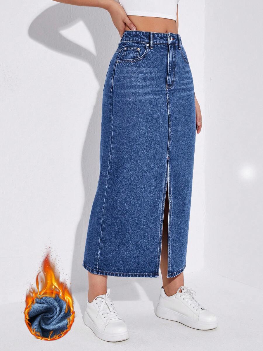 SHEIN ICON 女士时尚休闲开衩长牛仔裙 - 中等水洗藍 - 查看 1