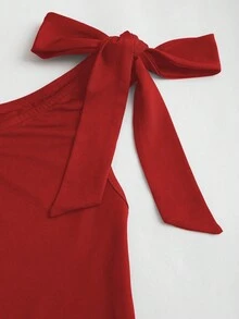 Sweetra Women's Floral Decor Ruffle Trim Fitted Shoulder Strap Dress - Red - View 3