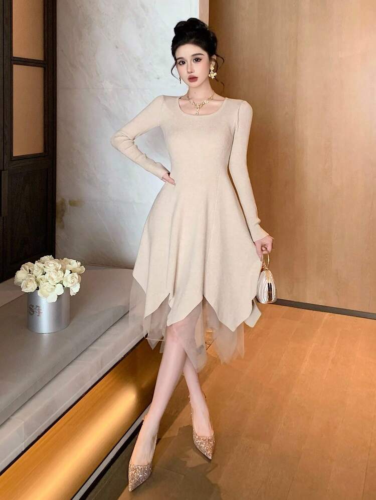 Women's Autumn Patchwork Asymmetrical Hem Waist Cinched Sweater Dress