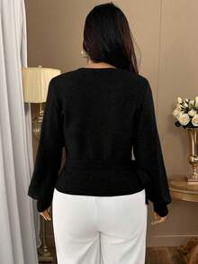 SHEIN Clasi 1 件女士加大码优雅系带长袖针织开衫，适合秋冬季 - 黑色 - 查看 2
