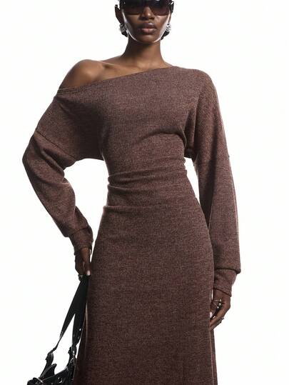 LYSMO 女式纯色不对称肩长袖褶皱休闲连衣裙