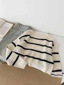 SHEIN Fashionable & Versatile Cute Round Neck Pullover Sweater For Girls Girl Knit Sweater Girls Sweater Sets Knit Sweater Striped Knit Sweater Girl Striped Sweater Fall Winter - Beige - View 2