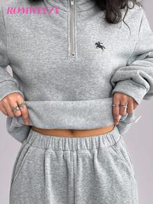 少女骑士印花长袖拉链连帽衫和运动裤休闲套装，秋季 - 灰色 - 查看 8