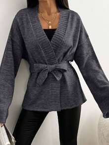 EURMUSE 秋冬休闲纯色落肩宽松开衫配腰带