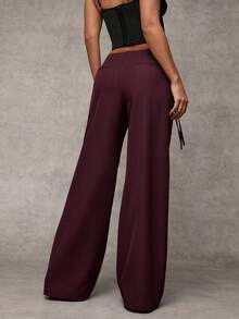 SHEIN BAE Women's Gray Solid Color Casual, Commuting, Leisure, Daily Casual Waist Eyelet Decor Drawstring Loose Wide Leg Pants - Maroon - View 2