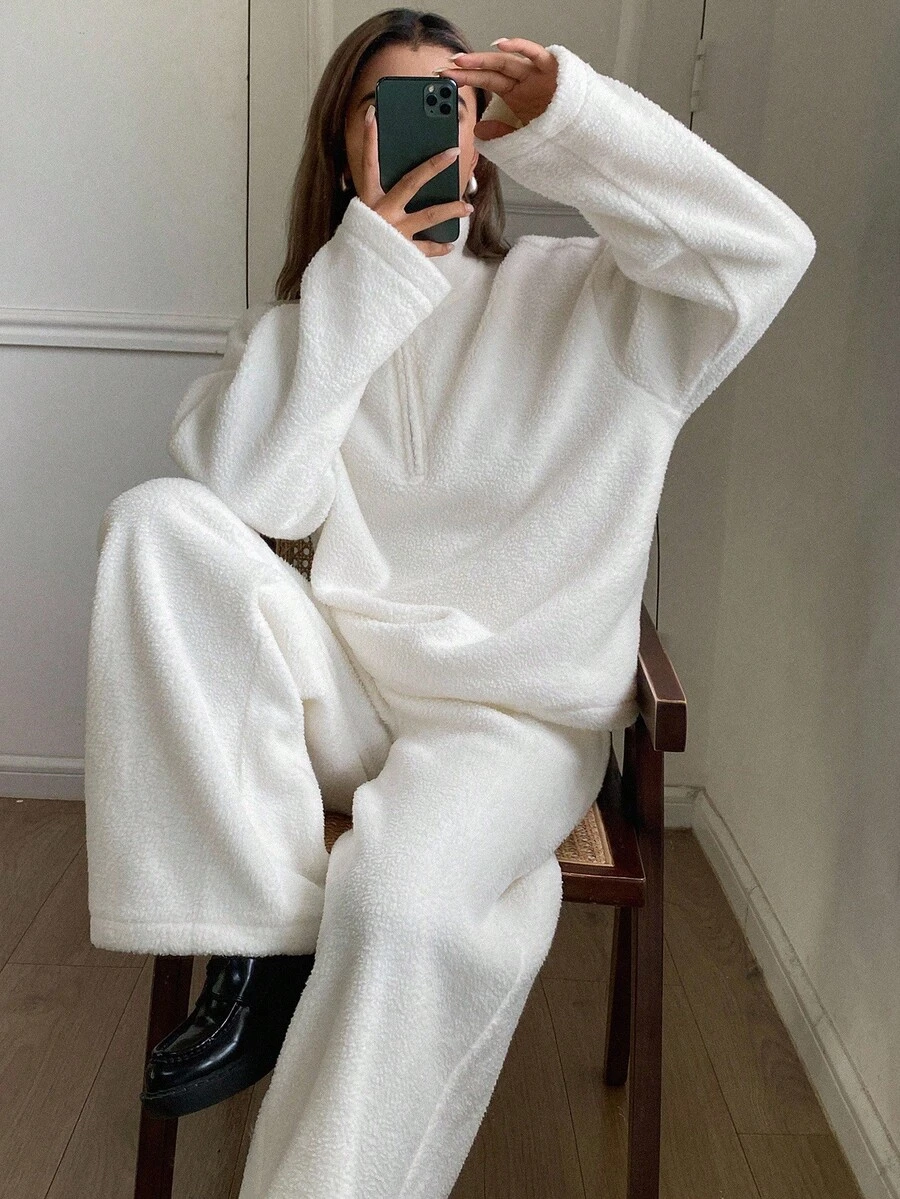 DAZY 两件套女士纯色宽松翻领拉链羊羔绒连帽衫和宽松版型长裤休闲街头风加厚套装，秋冬运动服套装 - 白色 - 查看 1