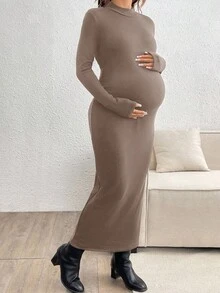 SHEIN 孕妇纯色圆领修身优雅长袖连衣裙 - 卡其色 - 查看 3