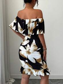 Breezaya Tropical Print Off Shoulder Ruffle Trim Ruched Bodycon Dress Vacation Beach Outfits Women