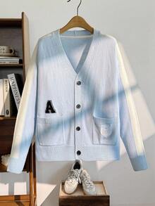 SWAVVY Men's Contrast Color Patchwork Letter Graphic Cardigan With Dual Pockets, For Fall Winter