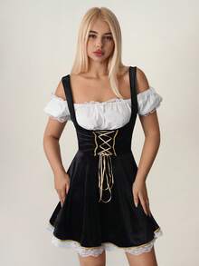 Sweetina 1 Set Shoulder Top And Spaghetti Strap Dress Suit, Suitable For Beer Festival Party, Includes Dress And Lining Shirt