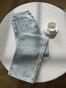 Elamini 女式刺繡蝴蝶插袋水洗寬褲寬鬆牛仔褲 - 淺色水洗藍 - 查看 5