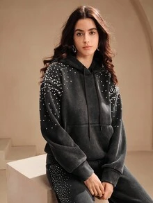 Anewsta Women's Charcoal Gray Oversized Rhinestone Decor Hooded Sweatshirt,Long Sleeve Drawstring Hoodie For Autumn,Casual Night Out,Urban Commute,Winter - Black - View 1