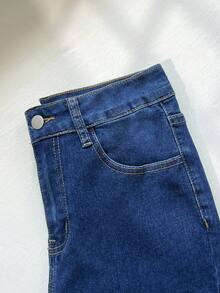 SHEIN Celana Jeans Denim Kasual Sederhana Wanita dengan Kancing Depan dan Saku, Cocok untuk Pemakaian Sehari-hari - Medium Wash - View 6