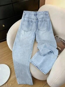 Qadelle 合身的無彈力洗水直腳牛仔褲 - 淺色水洗藍 - 查看 2