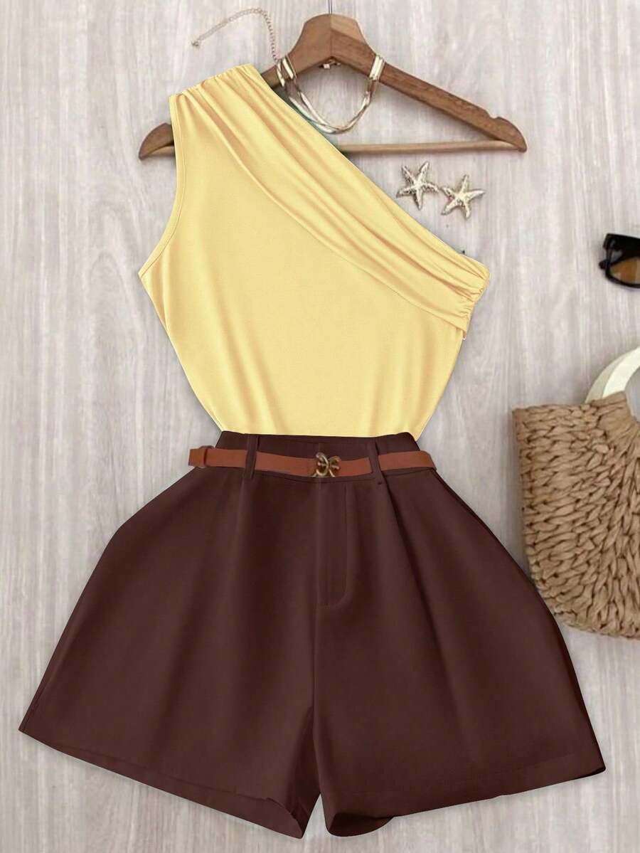 INAWLY Bộ 2 áo crop top xếp ly không tay màu trơn mùa hè cho nữ và quần short - Nhiều màu - Xem 1