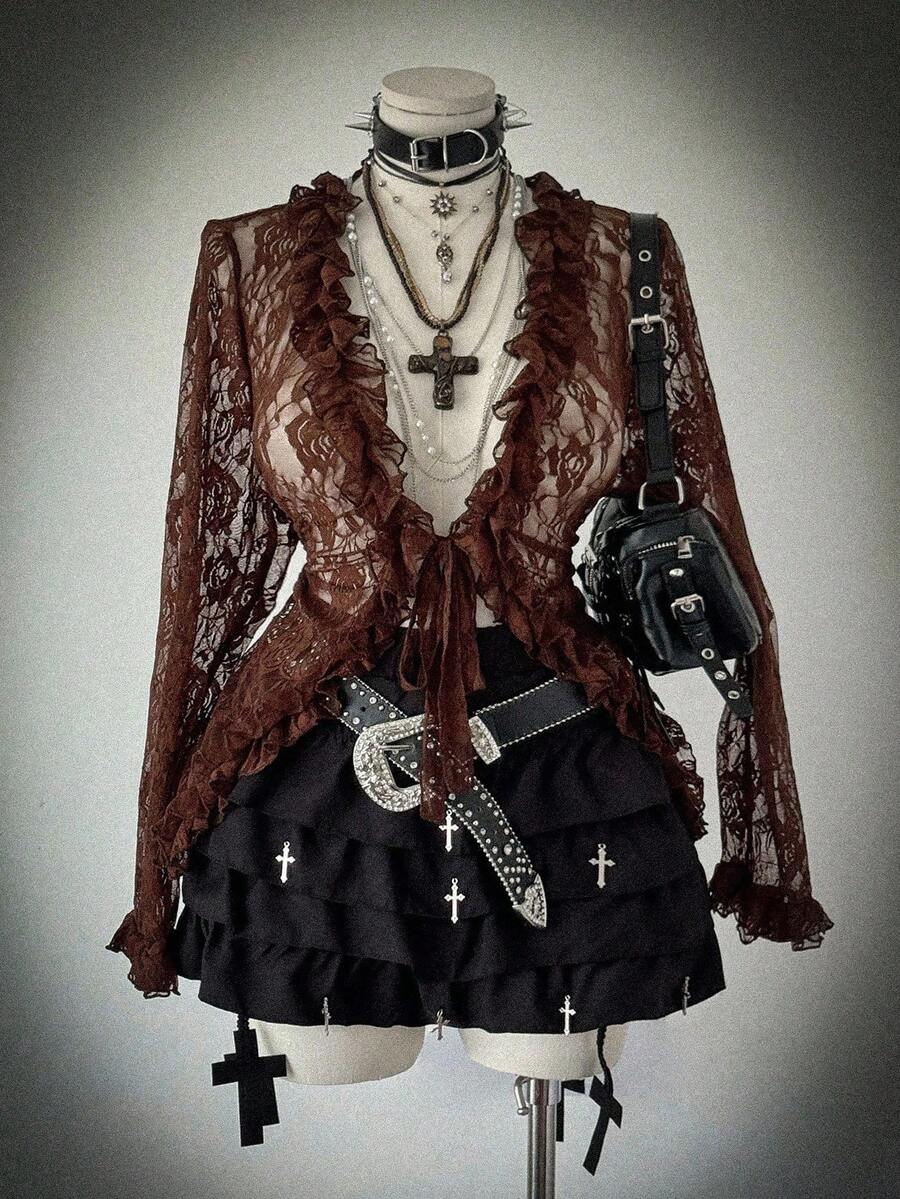 Sunspun Áo thun ôm vừa vặn cổ điển họa tiết ren chắp vá, viền bèo nhún lãng mạn - màu nâu - Xem 1