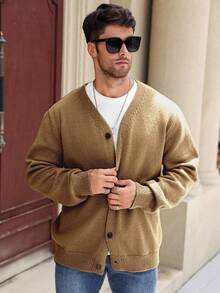 Manfinity Homme Plus Size Men's Solid Color V-Neck Button-Front Long Sleeve Cardigan, Fall/Winter