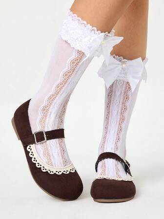 Kawaii Women's Brown Loafers, Closed Toe Mary Jane Shoes, Bow Lace Lolita Ballet Flats