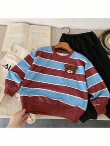 SHEIN 2pcs/Set Boys' Striped Sweatshirt Outfit, Cute Cartoon Design, Suitable For Outdoor Sports And Casual Wear, Autumn/Winter - Multicolor - View 1