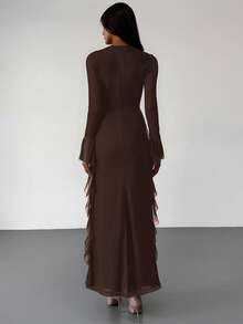 Aloruh Black Knit Mesh Deep V-Neck Long Sleeve Ruffle Hem Dress,Wedding Guest Dress Women