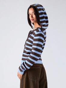 LYSMO Cardigan à capuche zippé à manches longues avec imprimé rayé pour femmes. Vêtements d'automne pour femmes. Cardigan rayé style nautique. Vêtements d'automne et d'hiver confortables pour femmes