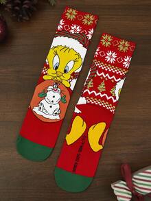 LOONEY TUNES X SHEIN Soft & Breathable Moisture-Wicking Mid-Calf Socks Fashionable Festival Red Crew Reinforced Toe & Heel For Durability Unisex Christmas Winter,Gift - Multicolor - View 4