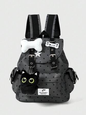 Grunge Punk Mochila negra de estilo punk con diseño de pata de gato, hueso, estrella y lunares de colores, bolsillos múltiples, de gran capacidad y adecuada para uso casual y universitario, unisex