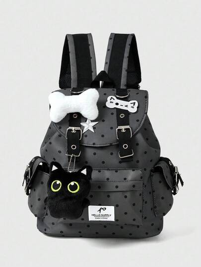 Grunge Punk Mochila negra de estilo punk con diseño de pata de gato, hueso, estrella y lunares de colores, bolsillos múltiples, de gran capacidad y adecuada para uso casual y universitario, unisex