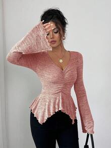 Elenzga 优雅浪漫 V 领不对称下摆喇叭袖荷叶边 T 恤，适合通勤和度假，秋季 - 紅色 - 查看 5