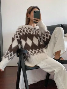 Livesso 女士宽松商务休闲几何图案撞色加厚针织开衫，适合秋冬季办公室穿着，新年、圣诞节等场合。 - 棕色 - 查看 5