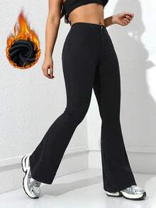 Damen Lässig Alltagsoutfit einfache unifarbene Thermojeans mit Glockenform, Herbst/Winter - Schwarz - Übersicht 5