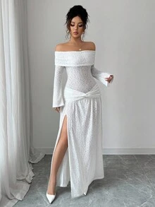 Gloray Vestido de vacaciones minimalista francés con hombros descubiertos y tela texturizada - Blanco - Ver 5
