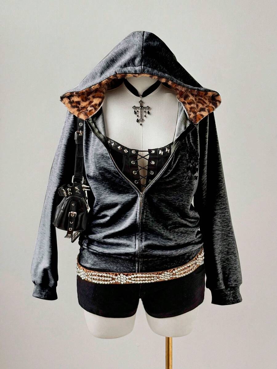 Sunspun Jaket Wanita Motif Retro Punk Y2K, Sweatshirt Musim Gugur - Light Grey - View 1