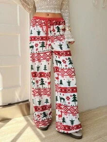 Zielony 女士简约时尚圣诞印花裤，圣诞冬季女士秋冬圣诞图案裤 - 彩色 - 查看 3