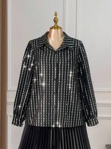 SHEIN Clasi Women's Black Long Sleeve Rhinestone Embellished Shirt - Black - View 10