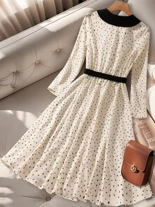 GlowEve 女士波尔卡圆点印花腰部喇叭形 A 字领优雅日常通勤商务法式浪漫约会派对圣诞节假期灯笼袖长袖杏色连衣裙 - 彩色 - 查看 2