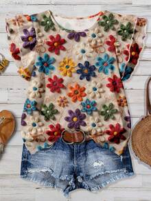 EMERY ROSE 大码女装日常休闲优雅复古度假风热带仿羊毛花卉图案圆领双层小飞袖宽松衬衫，女装夏装，女 - 彩色 - 查看 1