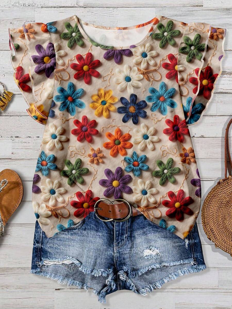 EMERY ROSE 大码女装日常休闲优雅复古度假风热带仿羊毛花卉图案圆领双层小飞袖宽松衬衫，女装夏装，女 - 彩色 - 查看 1