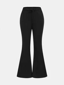 Girlism 青少年女孩休闲日常纯色抽绳喇叭腿运动裤 - 黑色 - 查看 6