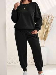 EMERY ROSE Plus Size Women Black Solid Color Round Neck Long Sleeve Sweatshirt And Sweatpants Casual 2 Pieces Set,Autumn Winter Curve Loungewear Fall Clothes - Black - View 3