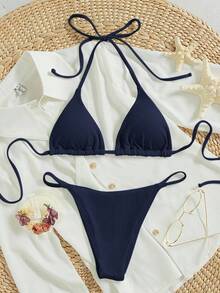 Oceva 2026 春夏女士度假专用面料细肩带露背海军蓝性感丁字裤比基尼两件套泳衣 - 藏蓝色 - 查看 6