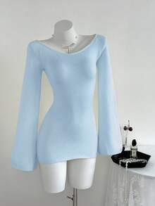 Elamini Sexy Open Back Solid Color Long Sleeve Sweater Dress - Baby Blue - View 3