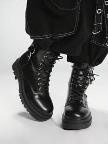 Sugerpunk Gothic Style Round Toe Thick Heel PU Leather Punk Boots With Metal Circle Buckle Design, Suitable For Party, Daily Wear, And Casual Chic - Black - View 2