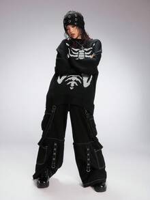 Sugerpunk Women's Gothic Style Round Toe Chunky Heel Boots With Metal Buckle Design, PU Leather, Punk, Suitable For Party, Daily Wear, And Casual