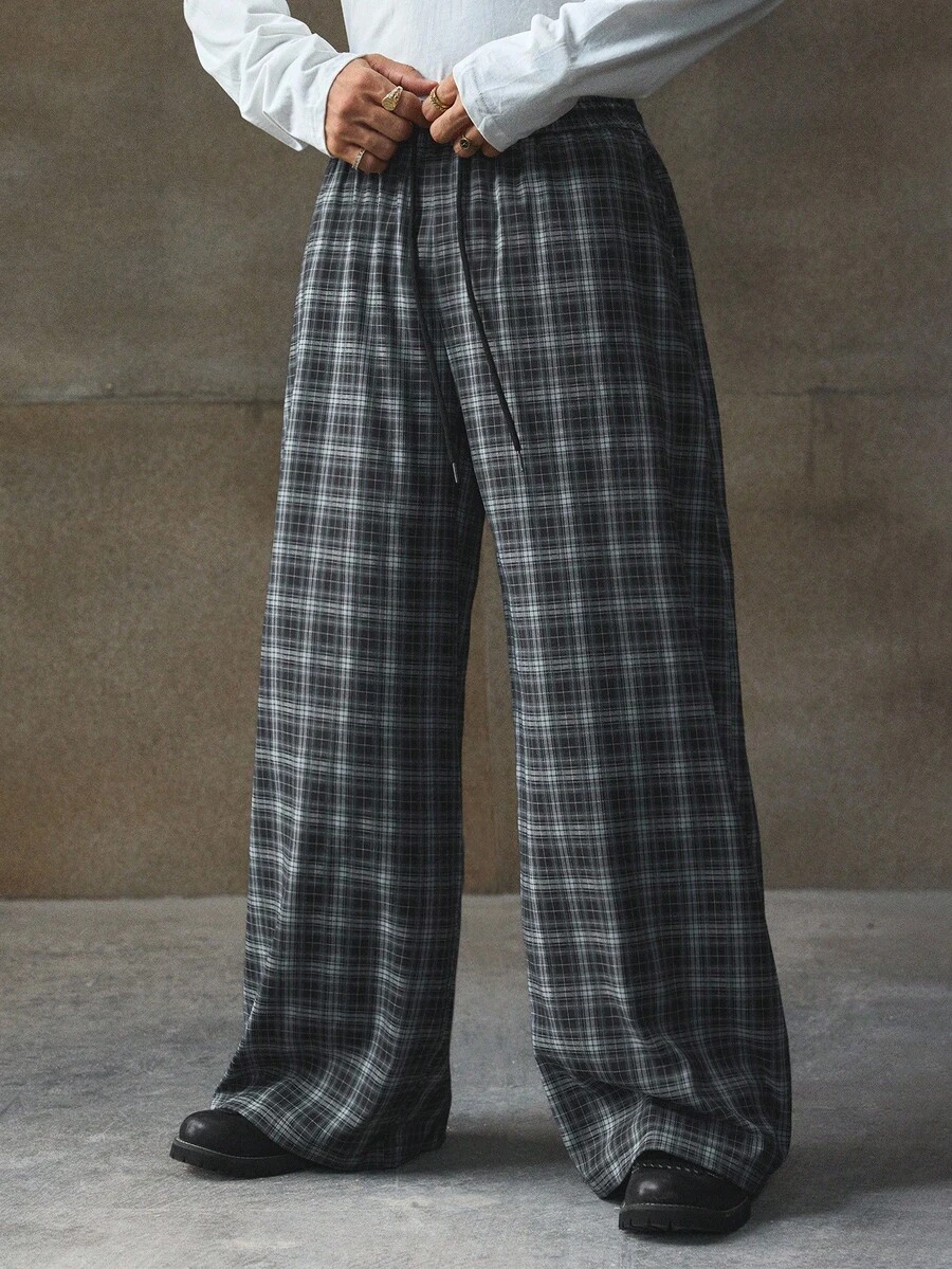 AXEPEAK 男士休闲日常格子阔腿裤，秋季 - 藏蓝色 - 查看 1