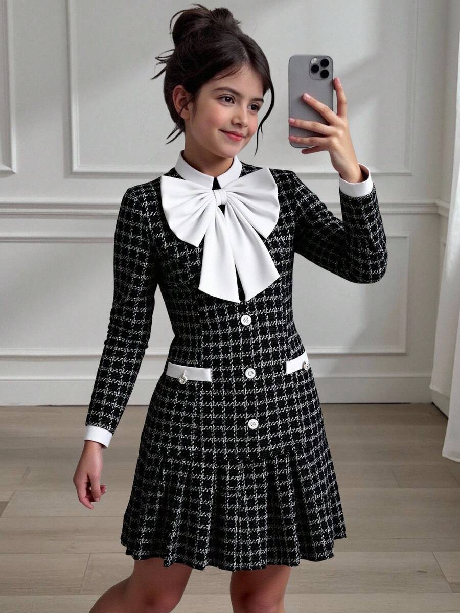 SHEIN Váy dài tay họa tiết bướm thanh lịch cho bé gái tuổi teen - màu đen - Xem 1
