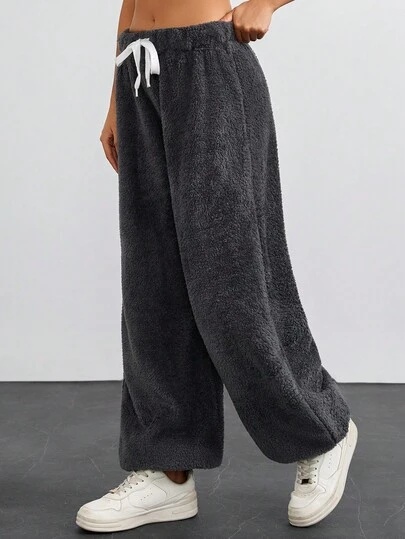 EURMUSE Women, Autumn, Teddy, Grey, Pant, Elastic, Drawcord, Soft Touch Wide Leg Sweatpants Loose Pants Oversized Pants Flared Sweatpants Knit Pants